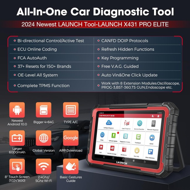 2024 Launch X431 PRO ELITE Scanner Bidirectional Diagnostic Scan Tool With CANFD DOIP, VAG Guided, ECU Coding, Full System, FCA Autoauth, 37+ Service