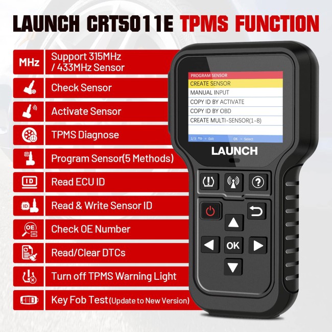 2024 New LAUNCH CRT5011E TPMS Relearn Tool + OBD2 Code Reader, Read/ Activate/ Programming/ Relearn/ Reset Sensor (315+433MHz), Tire Pressure Sensor