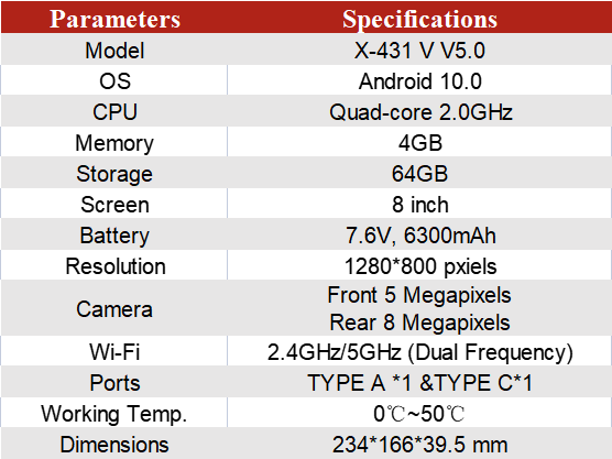 X-431 PRO V5.0 tablet Parameters